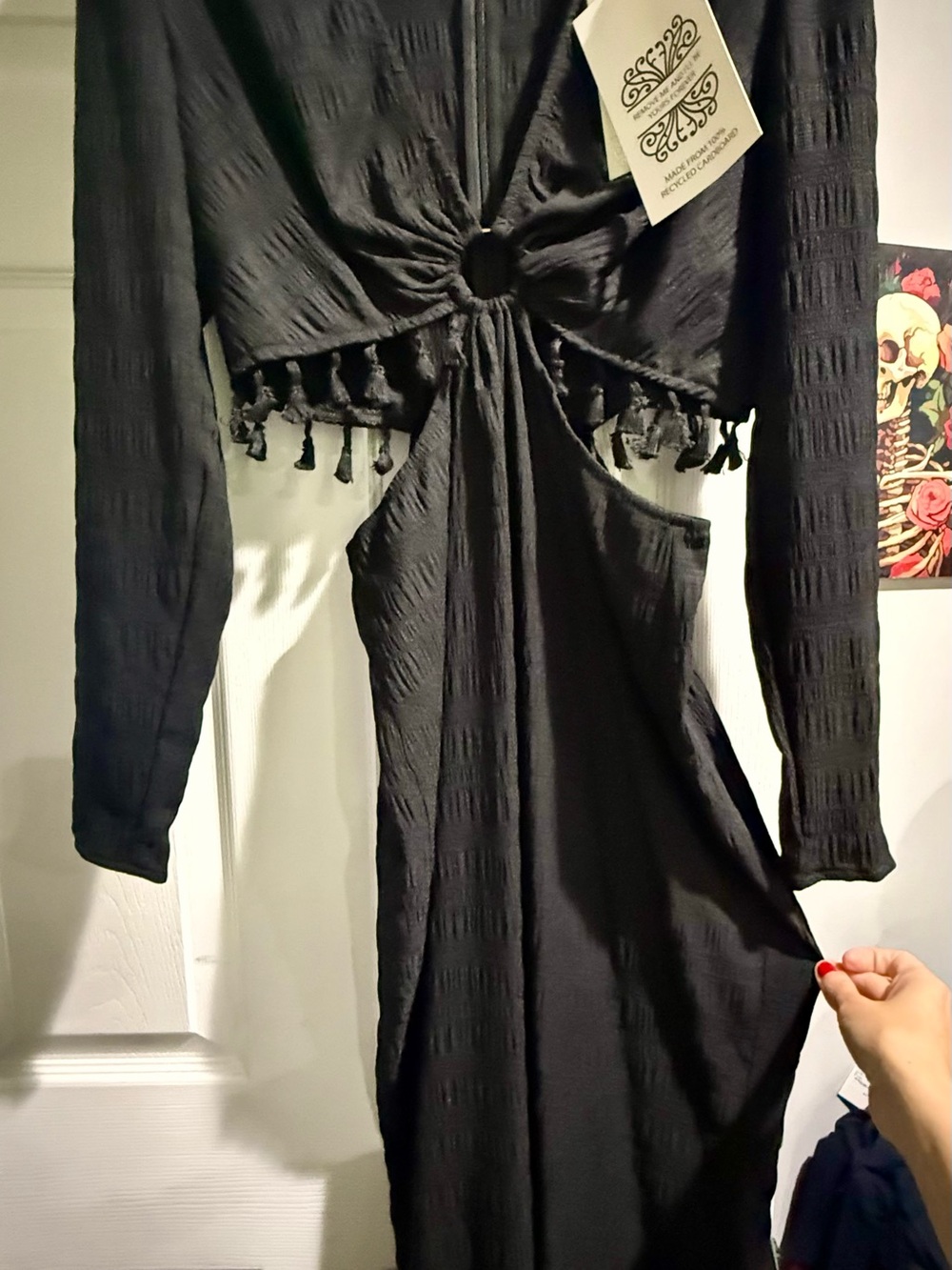 Never Fully Dressed Black Long Sleeve Twist Front Dress with Tassel Trim